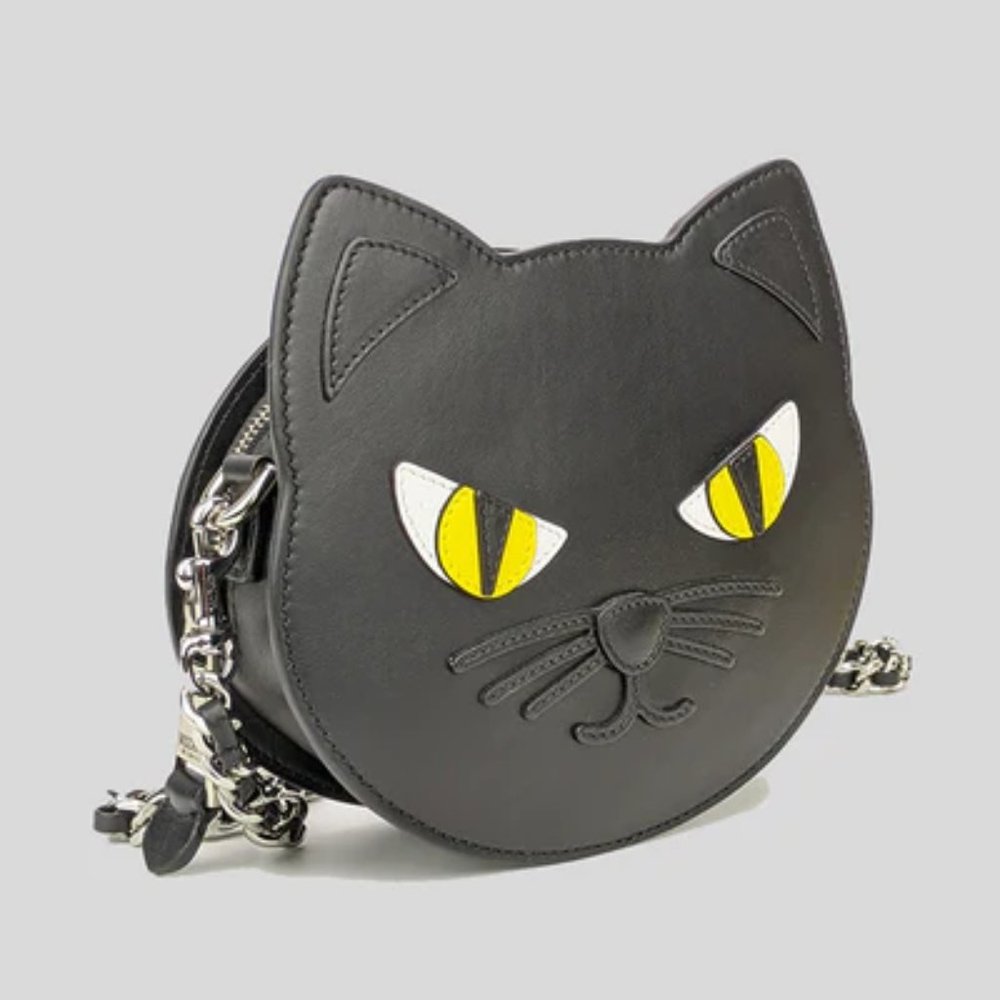 SS20 Moschino Couture Jeremy Scott BLACK LEATHER CAT CROSSBODY BAG TRICK OR CHIC